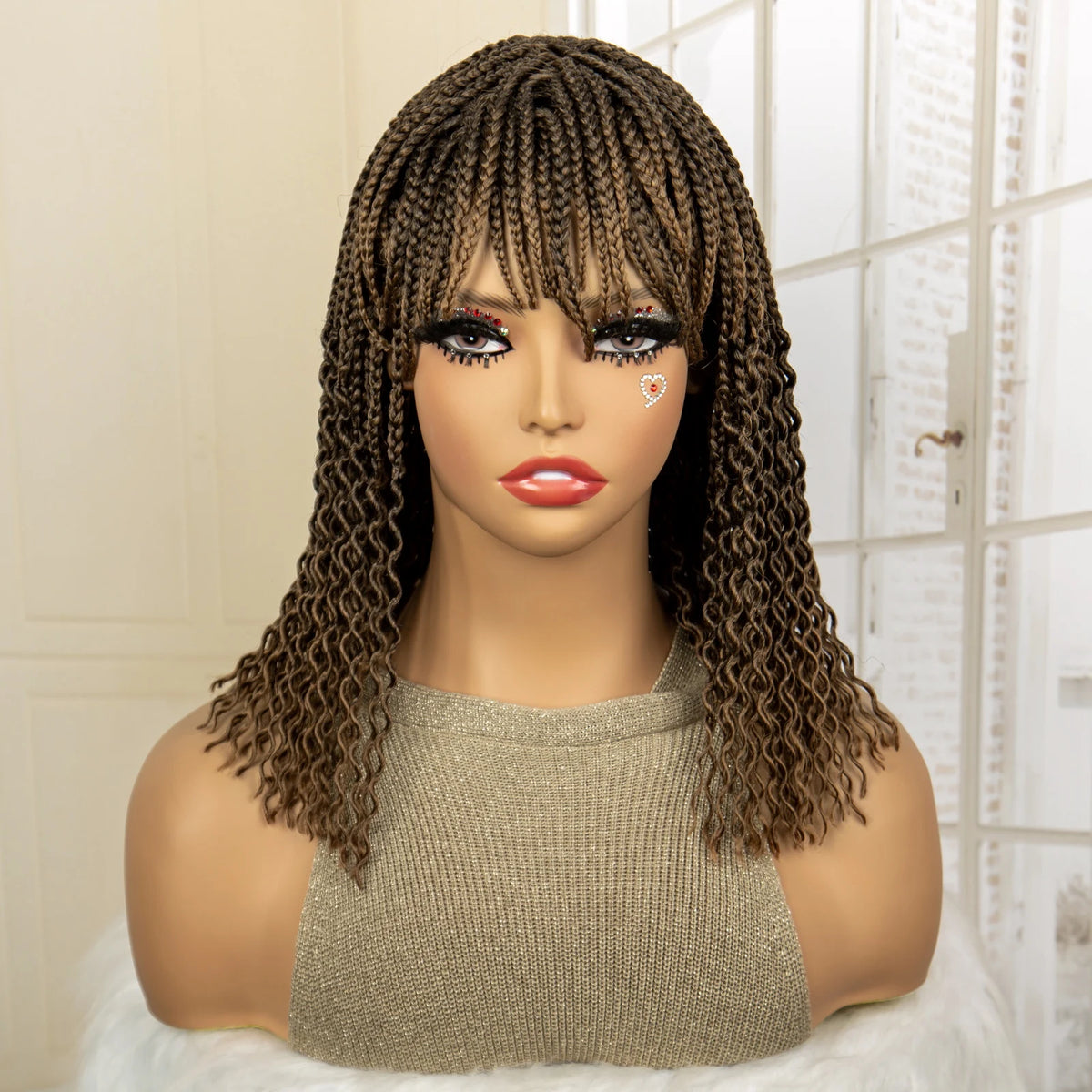 Short 14" Bob Braided Wig | Curly Knotless Box Braids | Synthetic Machine Made Wig | For Black Women - Luxegan