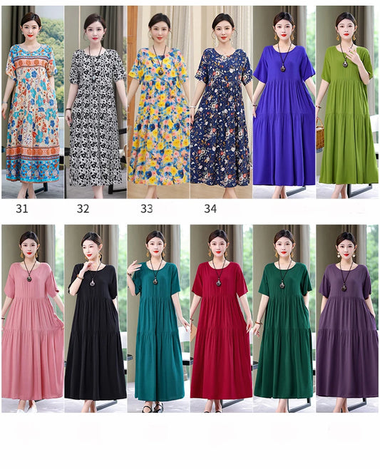 Printed Cotton Blend A-Line Dress – Short Sleeve, Casual Summer Midi Dress