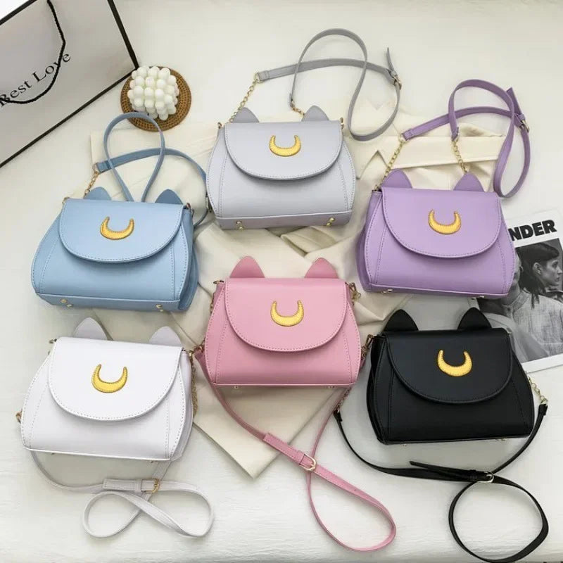 Sailor Moon Inspired Luna Cat Bag | Sophisticated PU Leather Square Shoulder Purse | Elegant Black Chain-Strap Messenger | "Dignified" Soft Crossbody for Versatile Fashion Styling Luxegan