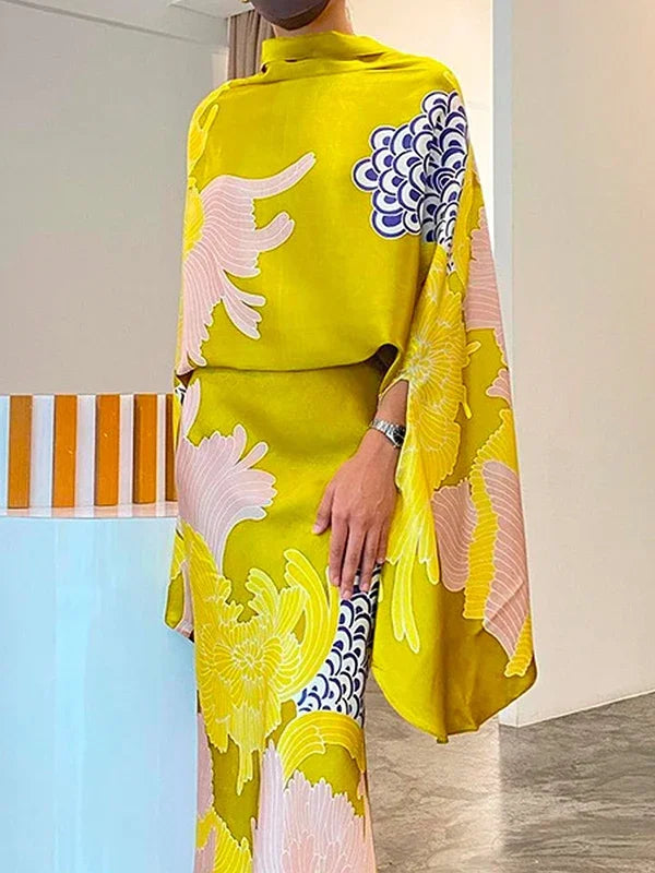 Floral Printed Elegant Suit Set | Sophisticated Batwing Sleeve Turtleneck Blouse | Elegant "Floor-Length" High Waist Wrap Skirt | "Dignified" Formal Trumpet Silhouette for Radiant Versatile Styling Luxegan