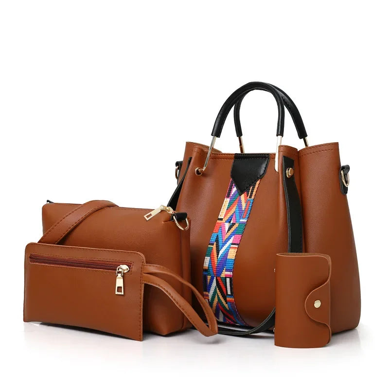 4 Pcs Luxury Handbag Set | Large Capacity Tote Bag, Fashion Shoulder Bag, Wallet & Card Case for Women (Patchwork) Luxegan