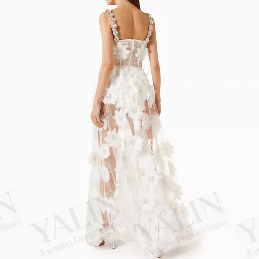Floral Crystal A-Line Prom Dress | Spaghetti Strap Sleeveless Ankle-Length Gown - view 2