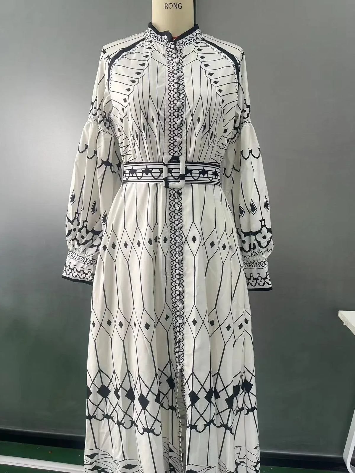Turn-Down Collar Lantern Sleeve Belted Geometric Print Loose Boho Midi Dress | Retro Elegant Office Dress Luxegan