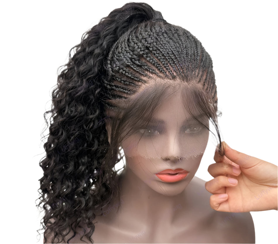 Long Braided Wigs | Knotless Cornrow Wig | HD Full Lace Wig | Human Hair | Boho Box Braids | Curly Braided Wig | Natural Black