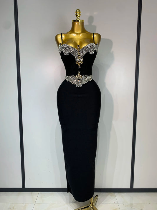V-Neck Rhinestone Embellished Backless Bodycon Maxi Dress | Sleeveless Luxury Bandage Evening - view 2