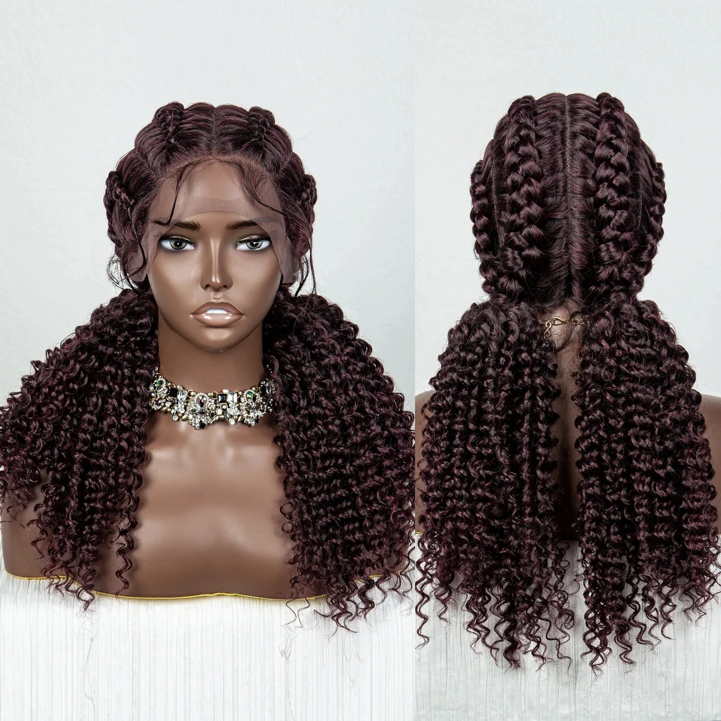 22" Box Braids Full Lace Wig | Two Curly Ponytails | Baby Hair | Synthetic Braided Wig