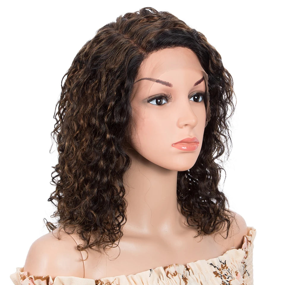 Sleek Curly Human Hair Wig | Brown Highlights | 13x1 T Part Lace Wig | Brazilian Remy Hair | Water Wave