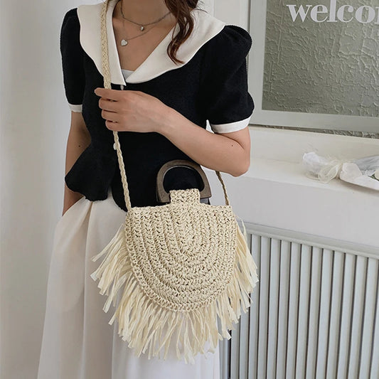 Handmade Semicircle Straw Bag | Sophisticated Woven Bohemian Crossbody | Elegant Holiday Beach Basket | Luxury "Dignified" Casual Shopping Tote with Tassel Decoration Luxegan