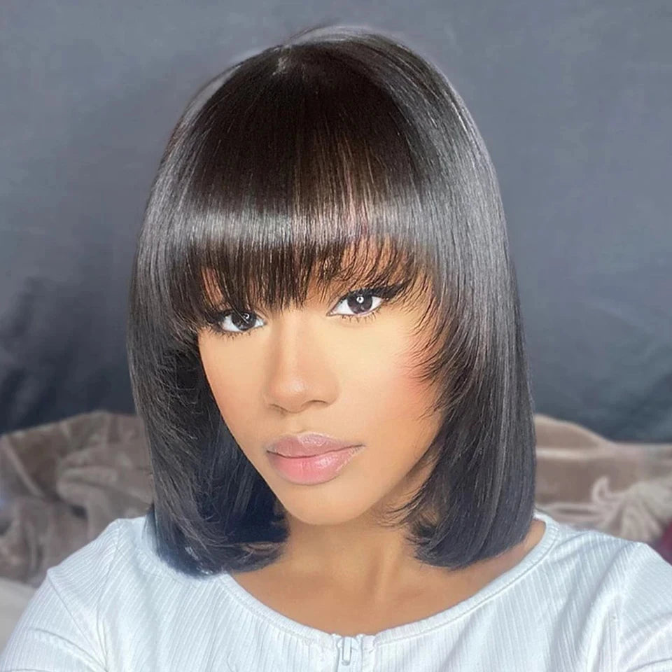 Silky Straight Bob Wig with Bangs | 100% Human Hair Full Machine Made (8-12 Inch) Luxegan