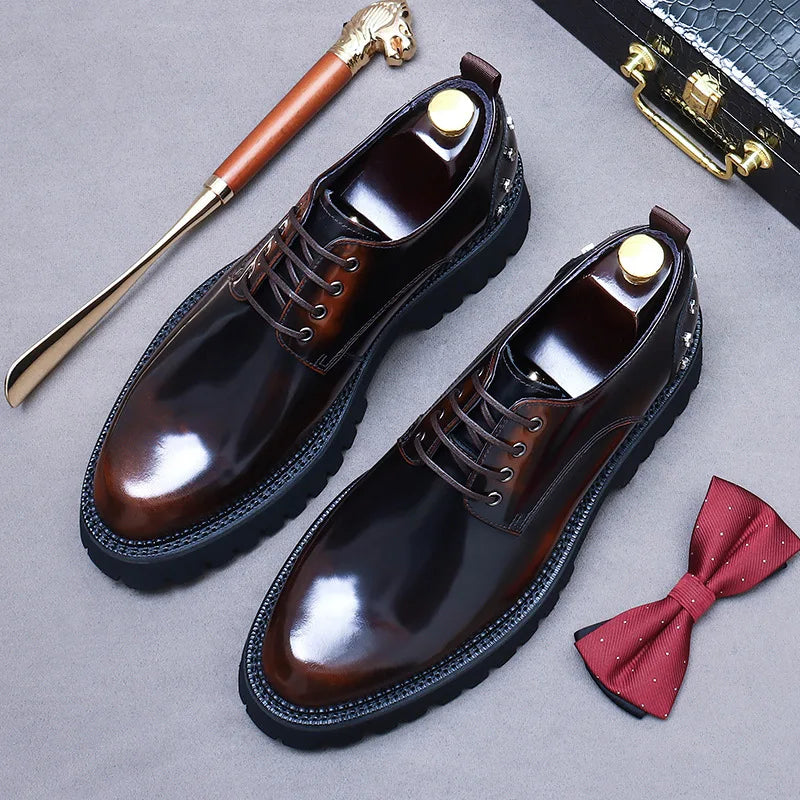 Men's New Business Dress Shoes | Sophisticated Thick-Sole Cowhide Derby Shoes | Elegant "Handmade Genuine Leather" Silhouette | "Dignified" Round Toe Wedding Shoes for Radiant Versatile Office & Career Styling Luxegan