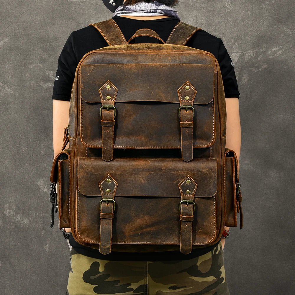 Vintage Crazy Horse Genuine Leather Backpack | Large Capacity Cowhide Travel Rucksack | 17-Inch Laptop Bag for Men & Hiking Backpack (Model M-815) Luxegan