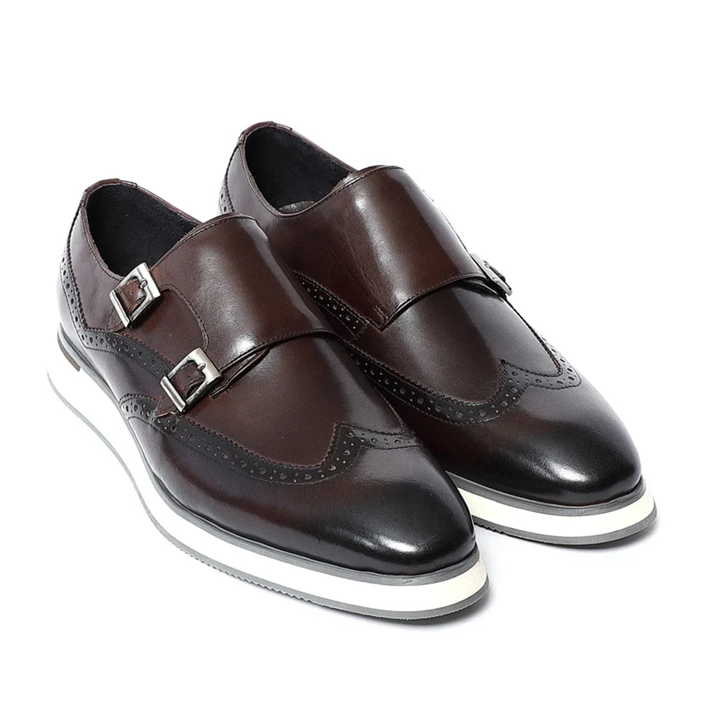 Luxury Men's Double Buckle Monk Strap Flats | Genuine Leather Casual Walk Shoes (Dark Brown, Black) Luxegan