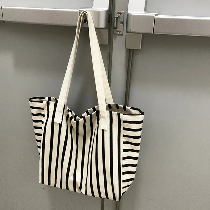Fashionable Canvas Beach Tote | Large Capacity Striped Shoulder Bag Luxegan