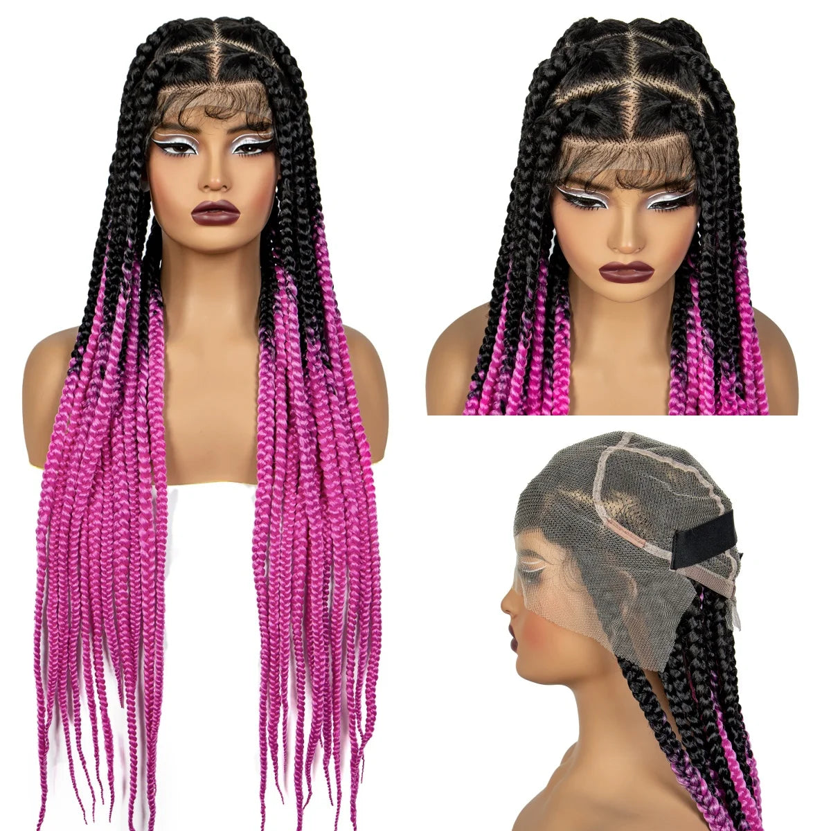 36" Purple Knotless Box Braids Wig | Transparent Full Lace | Baby Hair | Synthetic Luxegan