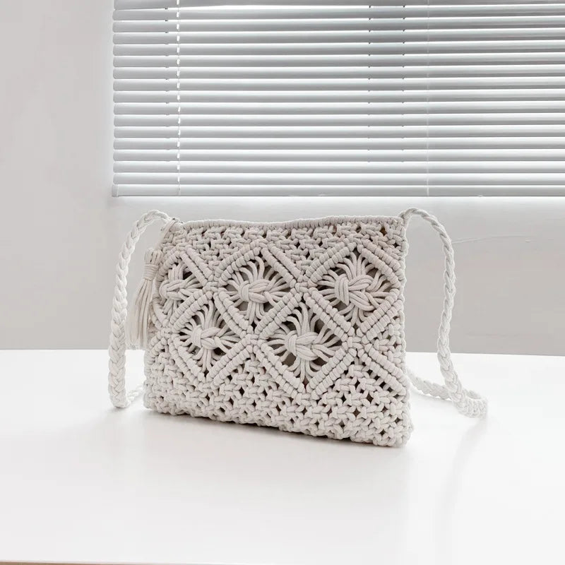 Summer Hollow-Knit Straw Bag | Sophisticated Tassel-Decorated Shoulder Messenger | Elegant Beach Travel Crossbody | "Dignified" Soft Cotton-Rope Pouch for Versatile Vacation Styling Luxegan