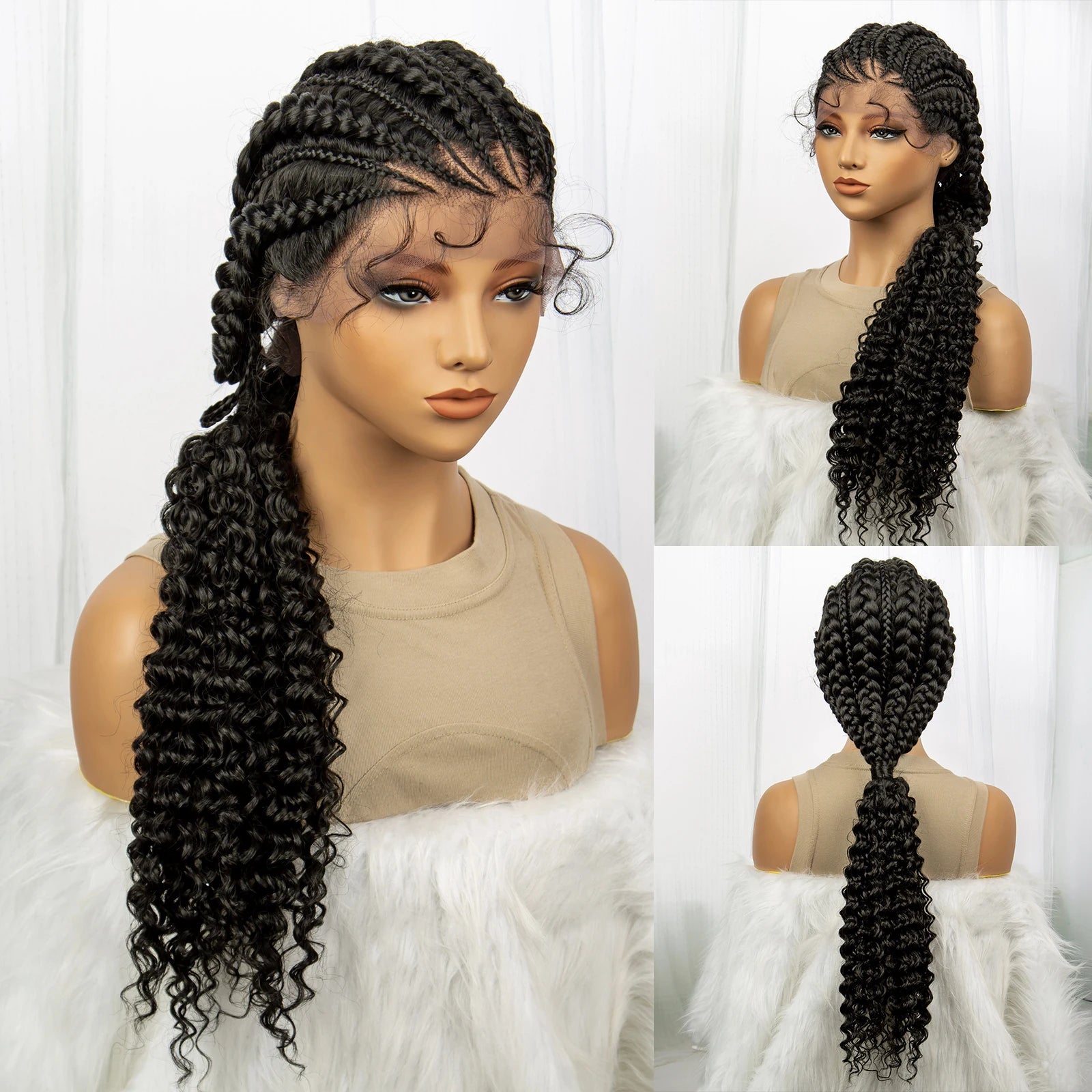 Curly Ends Cornrow Box Braids Wig | Handmade Lace Front | Baby Hair Luxegan