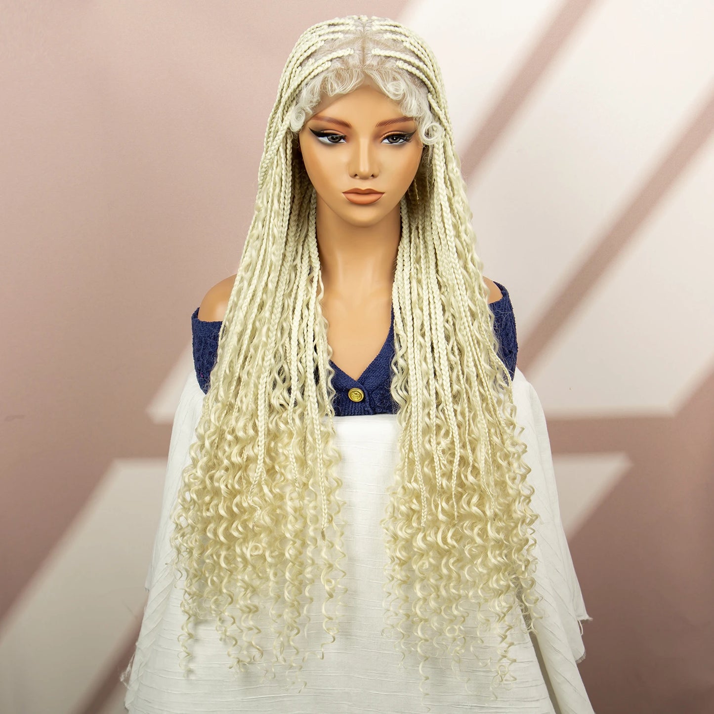 Boho Box Braided Wig with Curly Hair | Goddess Locs Accents | Full Lace Brown Braids Wig | Bohemian Box Braid Wig