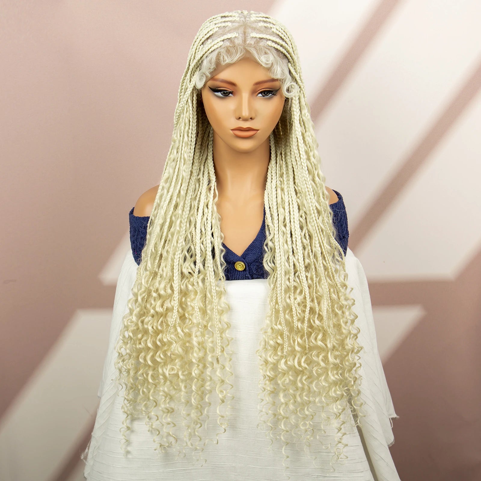 Boho Box Braided Wig with Curly Hair | Goddess Locs Accents | Full Lace Brown Braids Wig | Bohemian Box Braid Wig