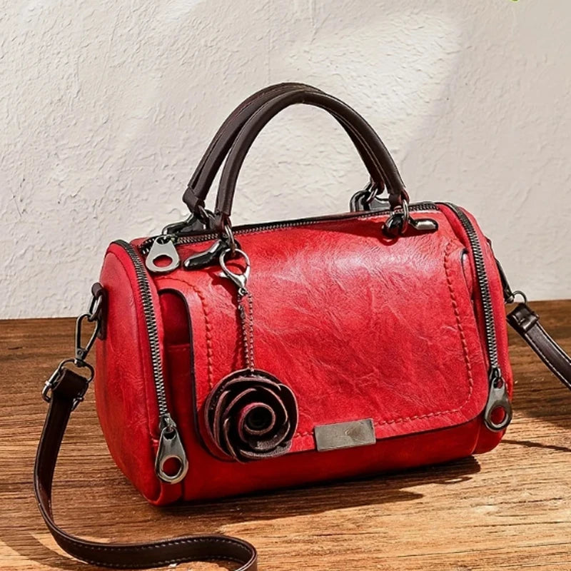 Fashion New Women's Handbag with Flower Decoration | Soft PU Leather Single Shoulder Crossbody Boston Bag Luxegan