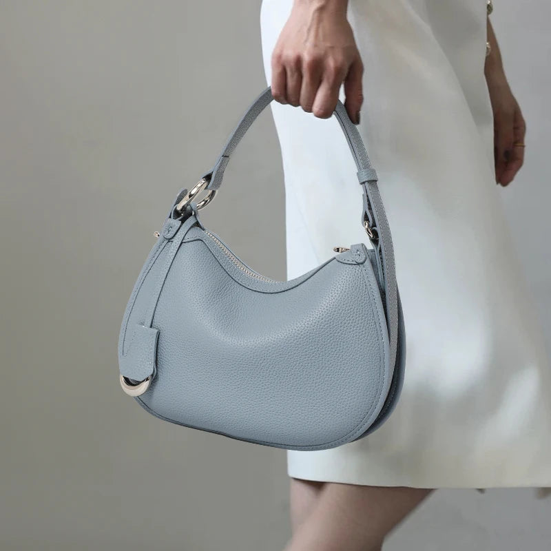 Premium First Layer Cowhide Underarm Bag | Niche Designer Minimalist Blue Shoulder Bag | Fashionable Soft Leather Saddle Handbag | Elegant Female Hobo Bag (Model Q1588) Luxegan