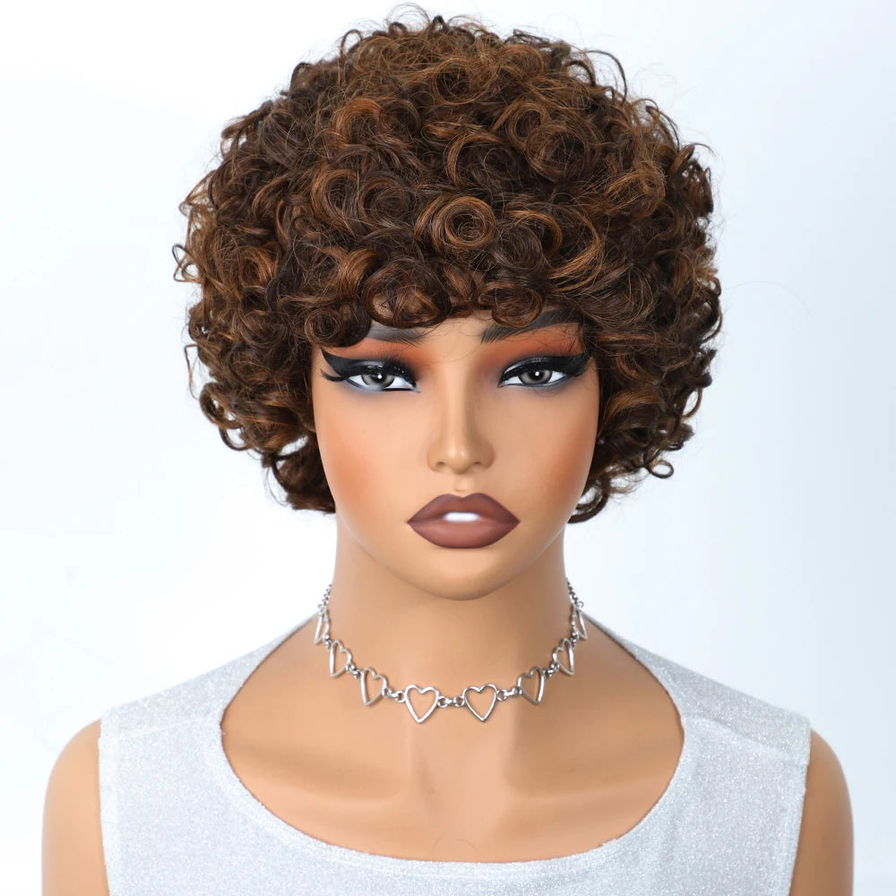 Peruvian Short Bob Pixie Afro Kinky Curly Wig with Bangs | Remy Human Hair Luxegan