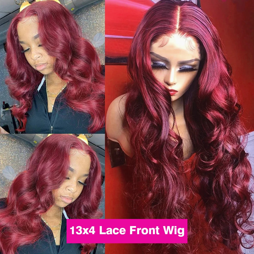99J Burgundy Body Wave Lace Front Wig | HD Transparent Lace | 200% Density | 30-34 Inch Brazilian Hair