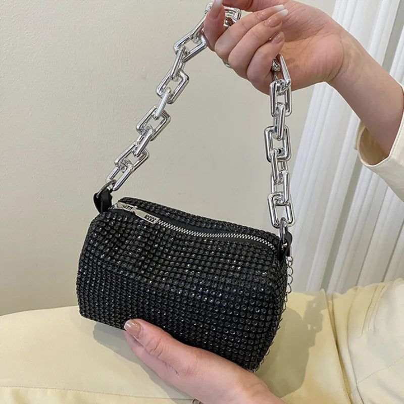 ABS Pillow Shaped Bucket Bag | Moderate Hardness Allover Rhinestone Glitter Chain Crossbody Luxegan