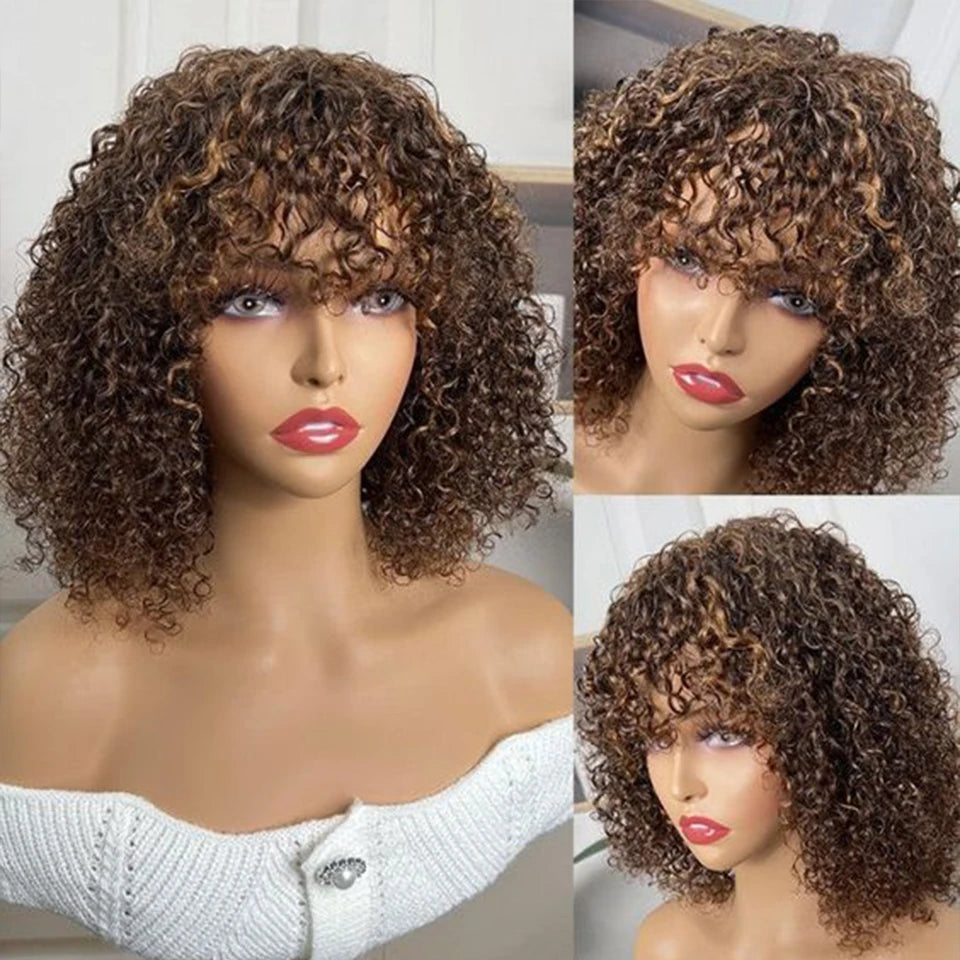Highlight Honey Blonde Jerry Curly Pixie Bob Wig with Bangs | Full Machine Made Human Hair Luxegan