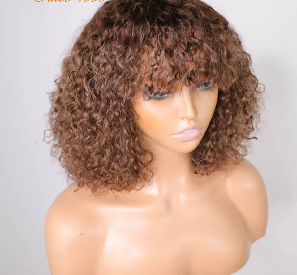 Brazilian Jerry Curly Human Hair Bob Wig with Bangs | Natural Highlight Honey Water Wave Kinky Curly Wigs for Women Luxegan