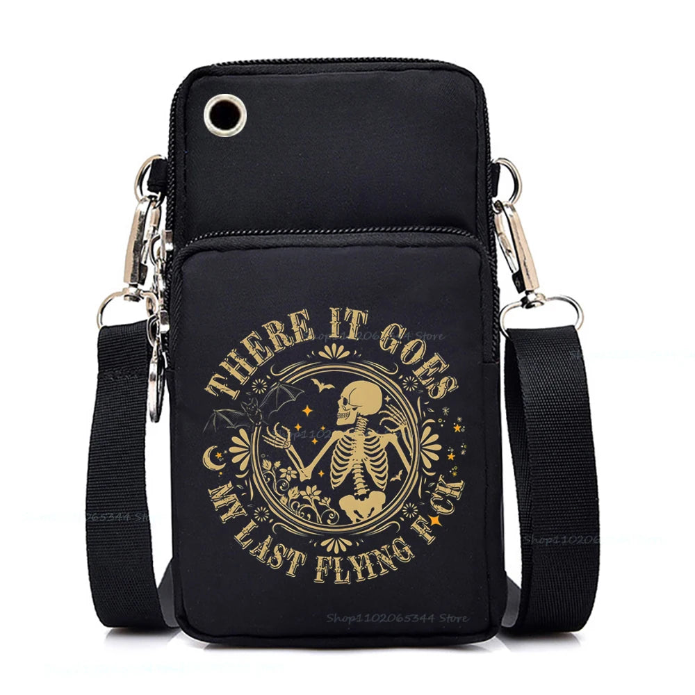 "Dead Inside But Love Cats" Shoulder Bag | Sophisticated Funny Vintage Skeleton Purse | Elegant Cartoon-Print Mobile Phone Bag | "Dignified" Soft Nylon Mini-Handbag for Versatile Casual Styling Luxegan