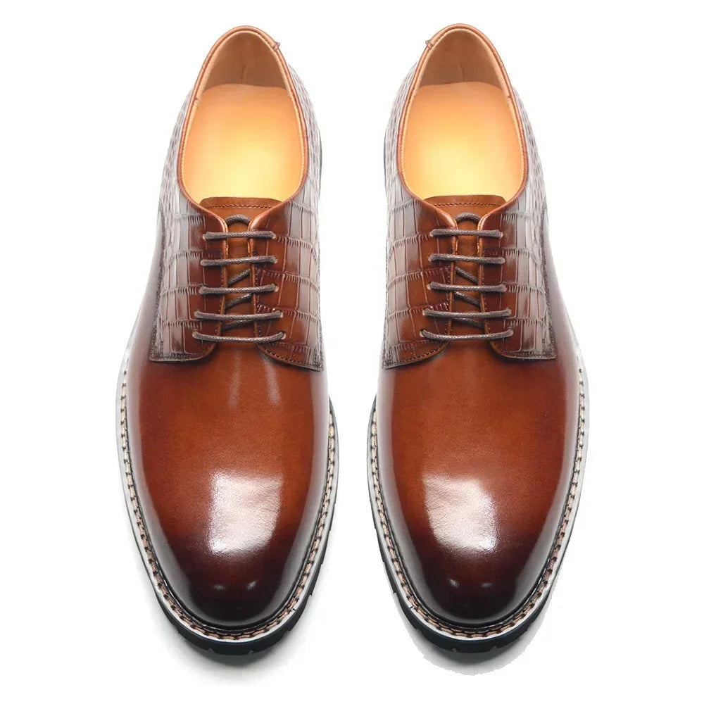 Designer Men's Genuine Leather Casual Derby Shoes | Crocodile Print Business & Social Sneakers (Height Increasing) Luxegan