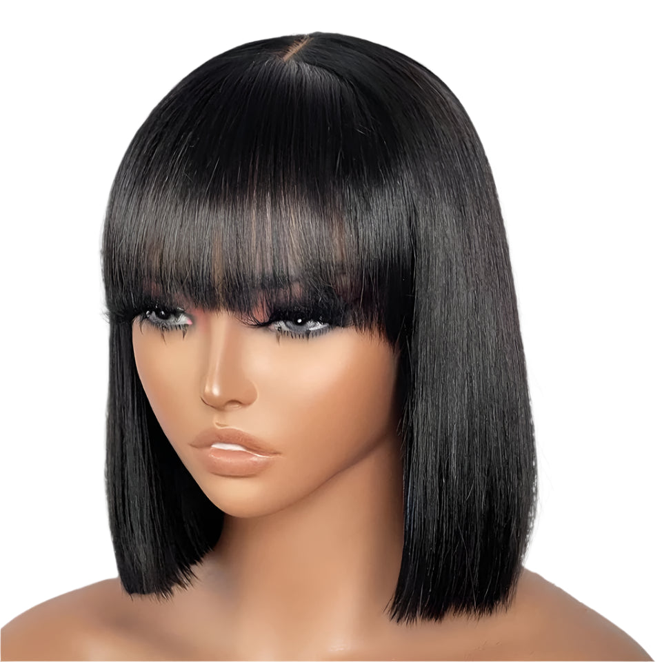 Short Straight Bob Human Hair Wig with Bangs | Full Machine Made Remy Hair | Natural Color Luxegan