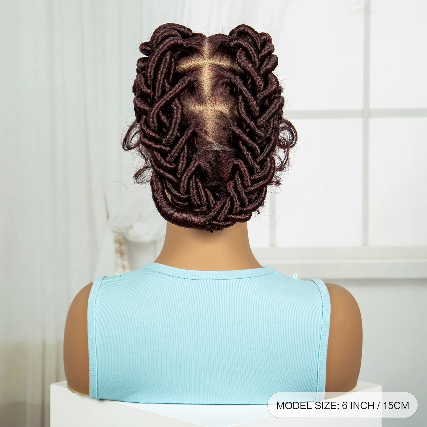 Burgundy Full Lace Synthetic Braided Wig | Knotless Box Braids & Bantu Knots | Lace Front Wig with Baby Hair for Black Women