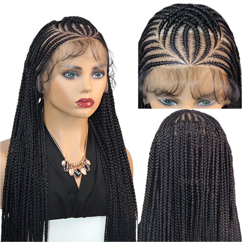 36" Full Lace Afro Cornrow Braided Wig | Knotless Box Braids & Baby Hair | Handmade Synthetic Wig for Black Women