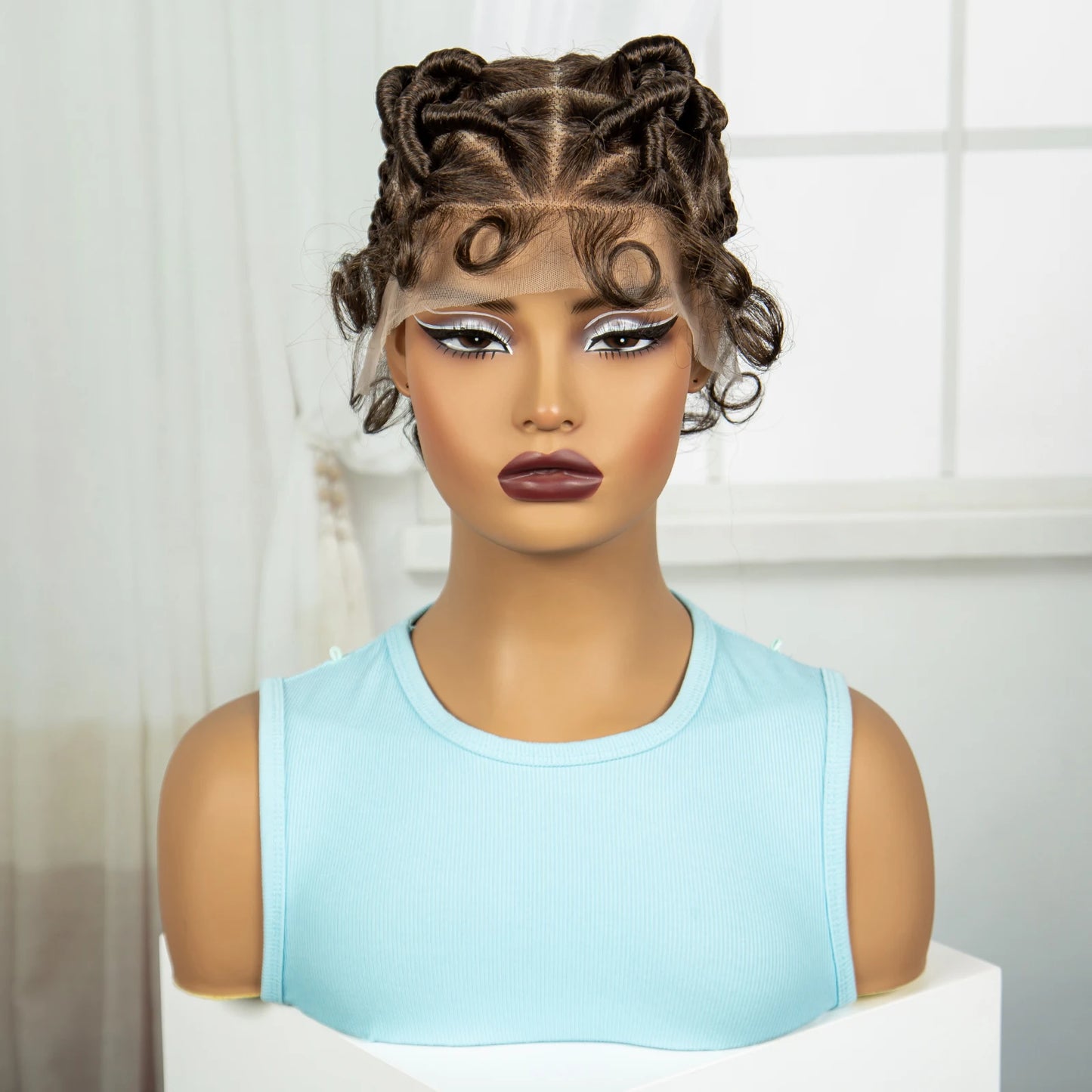 Burgundy Full Lace Synthetic Braided Wig | Knotless Box Braids & Bantu Knots | Lace Front Wig with Baby Hair for Black Women