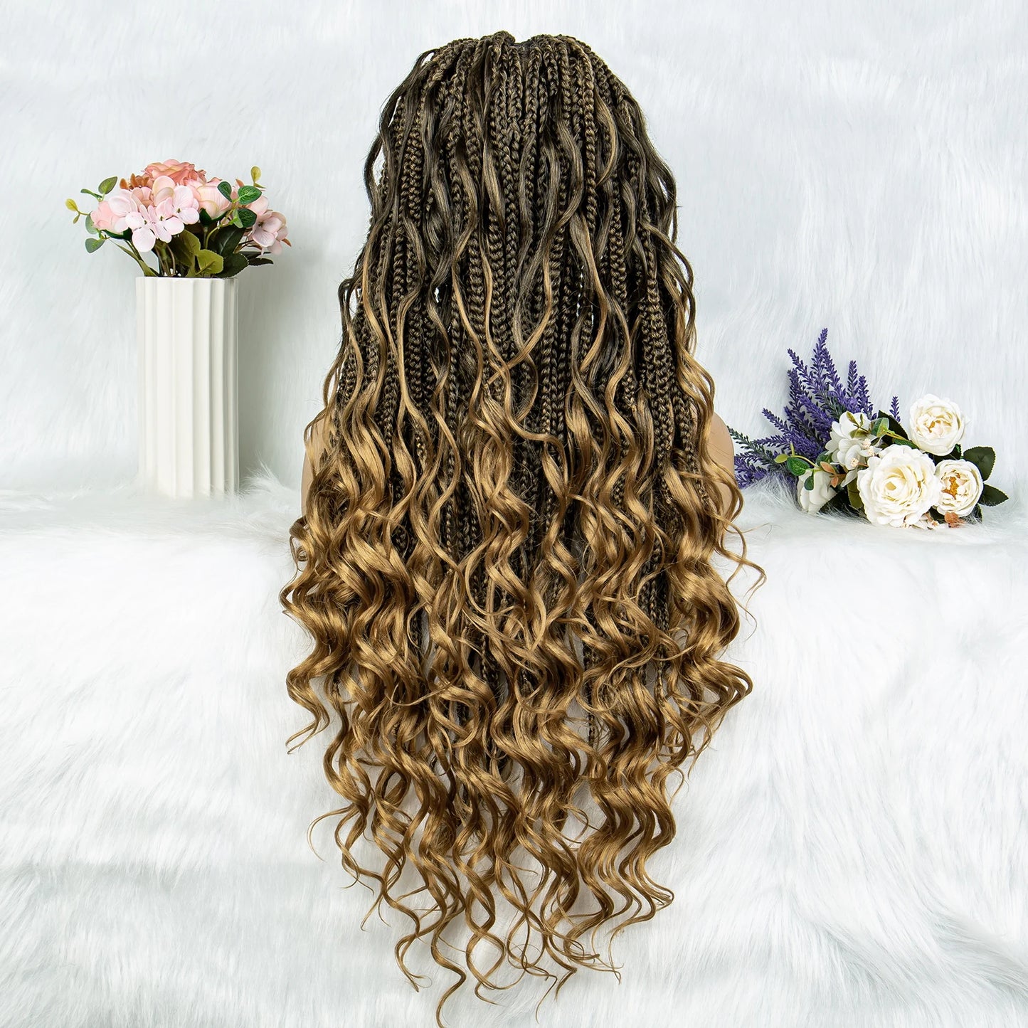 34" Full Lace Knotless Braided Wig with Baby Hair | Synthetic Lace Front Wig for Black Women | Long Braids Luxegan