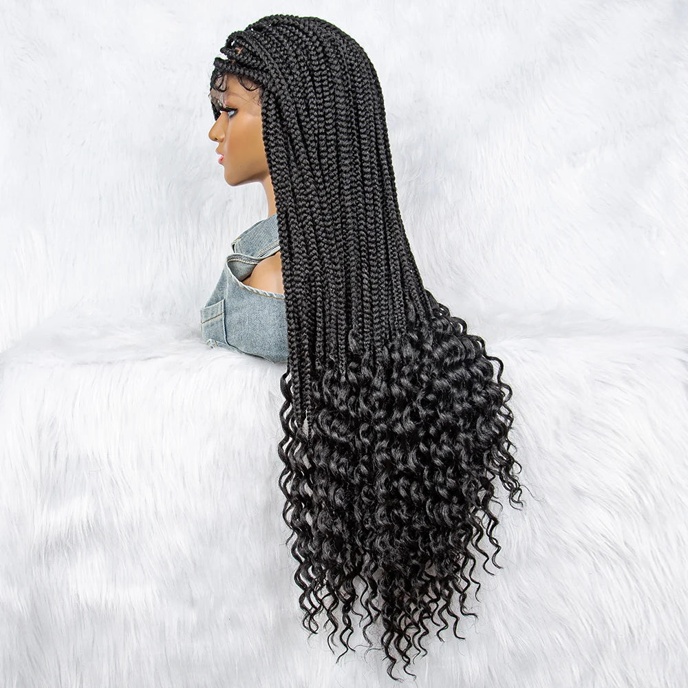 36" Knotless Cornrow Braids Wig | Lace Front with Curly Ends & Baby Hair Luxegan