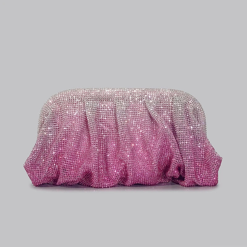 Shiny Ruched Rhinestone Evening Clutch | Designer Gradient Love Hearts Party Bag | Sparkling Diamond Encrusted Female Purse | Luxury Metallic Fashion Clutch for Weddings & Gala Events Luxegan