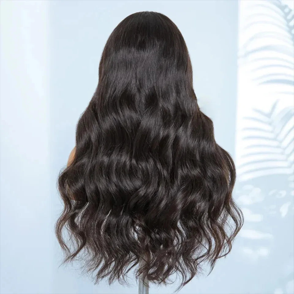 Natural Color 22" Body Wave Wig with Bangs | 180% Density Remy Human Hair Middle Part Lace Luxegan