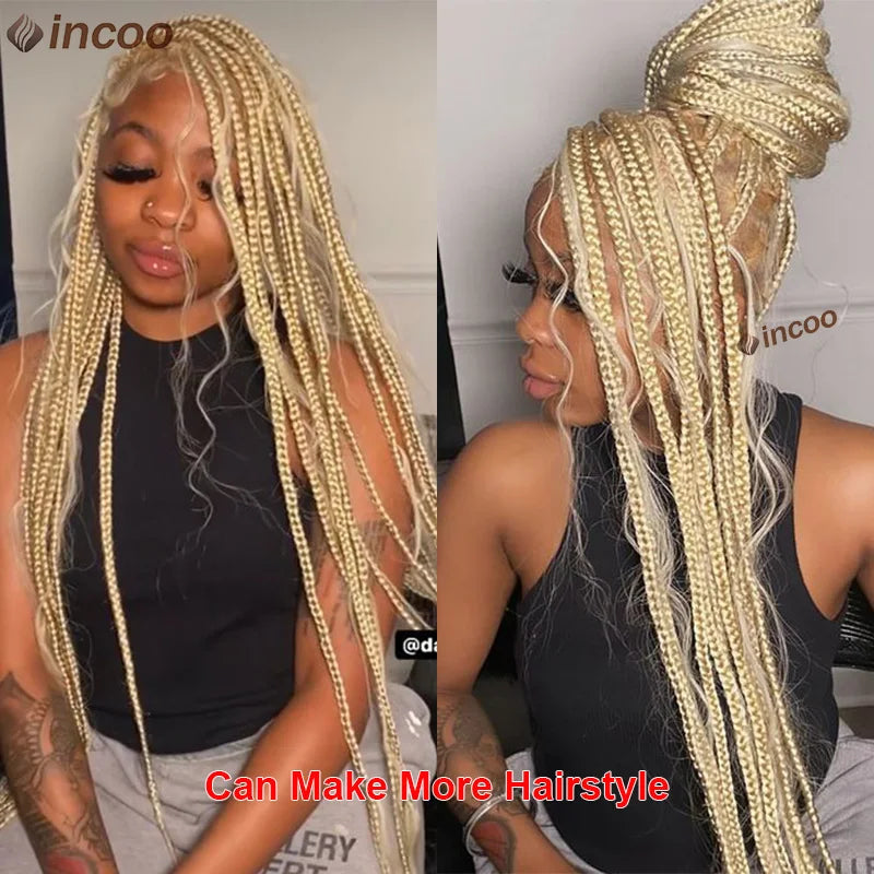 613 Blonde Boho Box Braids Wig | Curly Ends | Full Lace Front | Goddess Locs Accents Luxegan