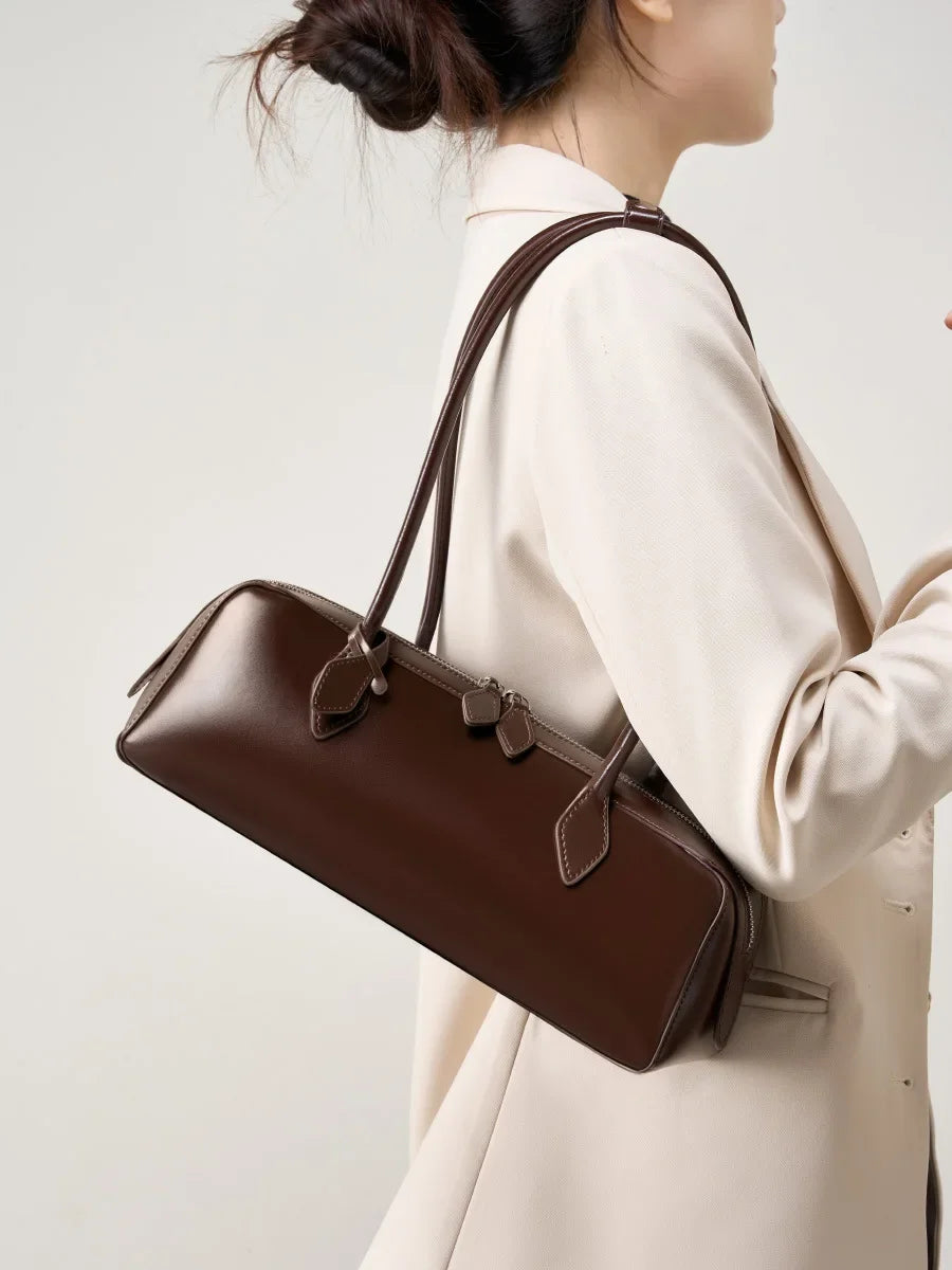 New Genuine Leather Women's Shoulder Bag | Large Capacity Cowhide Luxury Handbag (Long Strip Wine Red Baguette Bag) Luxegan