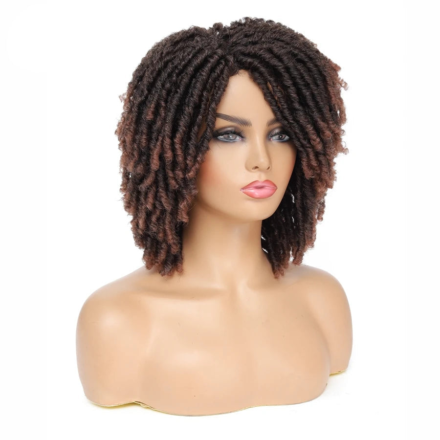 Short Afro Curly Faux Locs Wig | Twist Braids | Heat Resistant | Ombre Brown | Black Women Luxegan