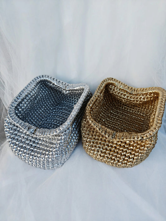 Metallic Lustre Crochet Underarm Bag | Sophisticated Cloth-Strip Woven Clutch | Elegant Large-Capacity Knit Tote | "Dignified" Soft Polyester Handbag for Versatile Everyday Chic Luxegan