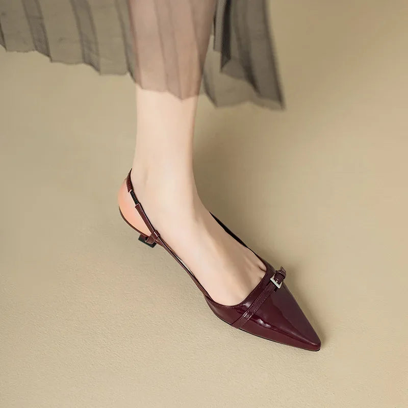 French Wine Red Pointed Sandals | Sophisticated Patent Leather Mid-Heels | Elegant "Summer Retro" Skinny Heel Pumps | "Dignified" Back Empty Mary Janes for Radiant Versatile Styling Luxegan
