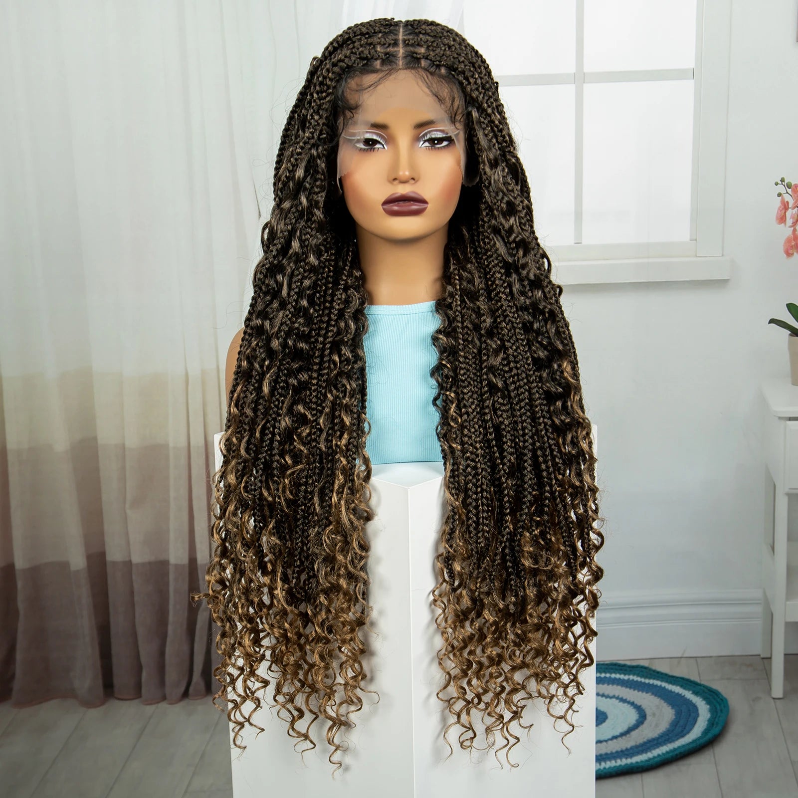 Ombre Knotless Braids Wig | Curly Ends | Full Lace | Baby Hair | Handmade Luxegan