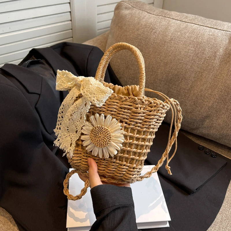New Weave Lace Bow Handbag | Dacron Square Shape Straw Weave Bag & Small Bucket Tote Luxegan