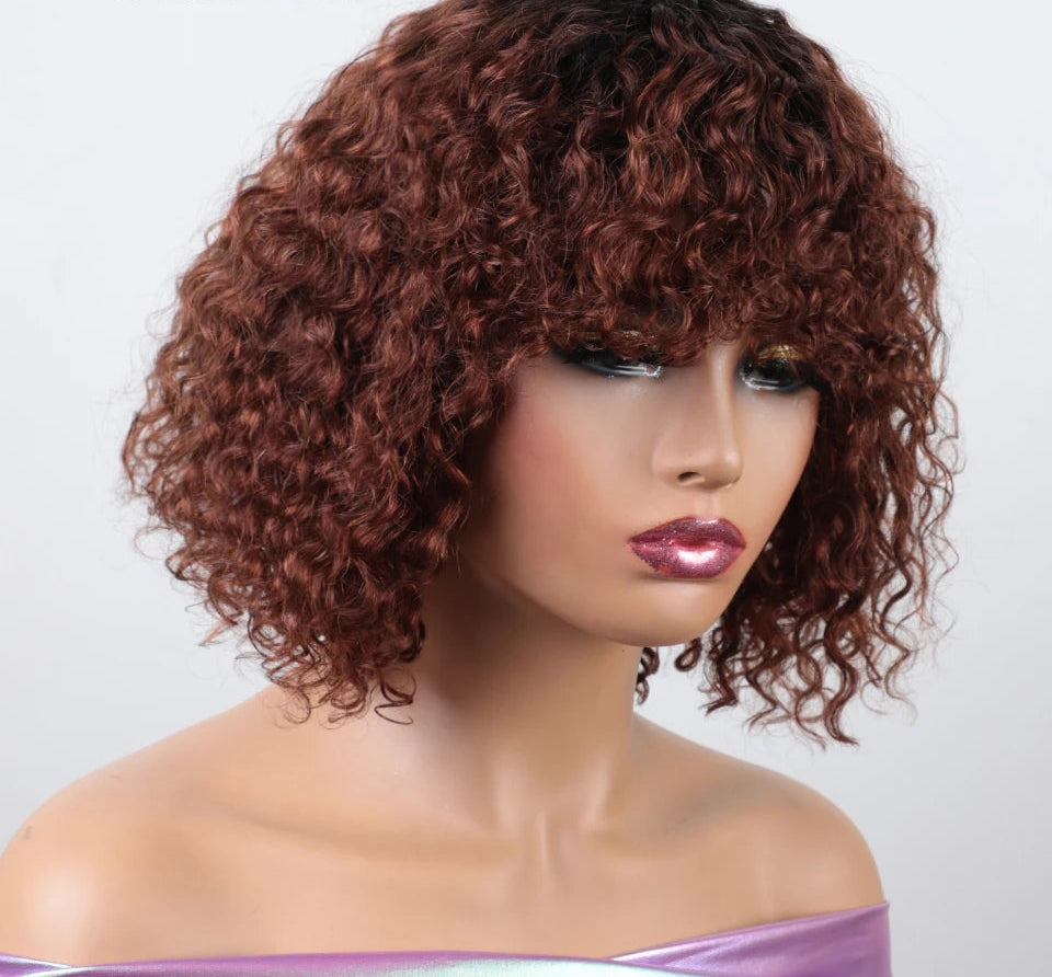 Brown Ombre Afro Kinky Curly Bob Human Hair Wig with Bangs | Brazilian Remy Loose Deep Wavy Wigs for Women Luxegan