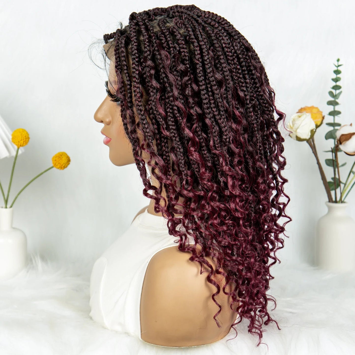 Short Bohemian Box Braids Wig | Full Lace | Curly Ends | Baby Hair | Synthetic Boho Wig Luxegan