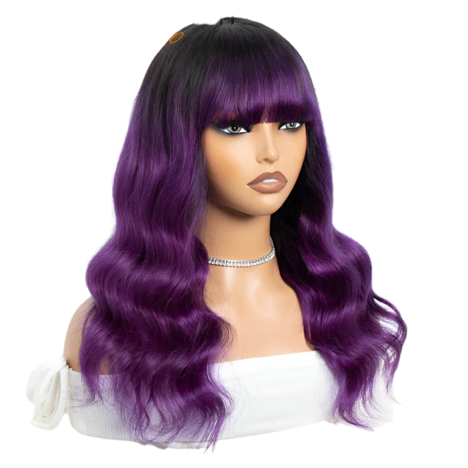 22" T1B/Purple Body Wave Wig with Bangs | "Put On & Go" Full Machine Made Human Hair Luxegan