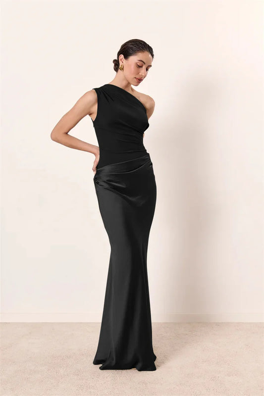 Satin Inclined Shoulder Sexy Maxi Dress for Women | Elegant Patchwork Backless Bodycon Evening Dress | Premium Slight-Stretch Slim Fit Club Vestido | Sleeveless Ankle-Length A-Line Party Gown Luxegan